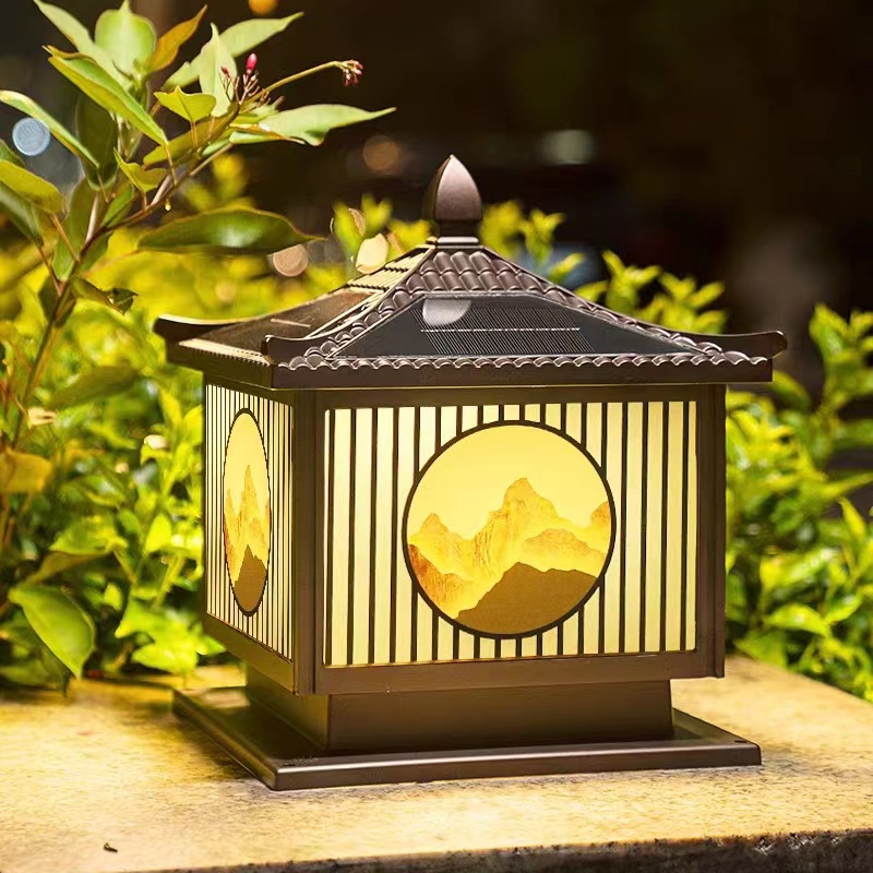 Solar Exterior Garden Lamp Rainproof Chinese Style Column Lamps Waterproof Column Head Lamp Outdoor Glass Pillar Lamp，  Lighting Fixture for Patio, Yard, Garden, Pathway