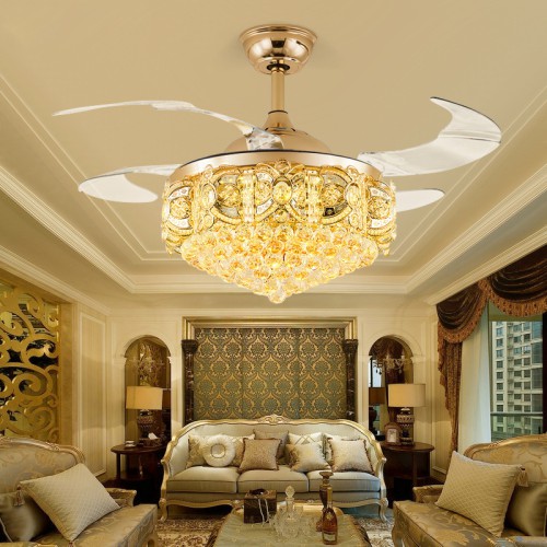 Crystal Ceiling Fan with Light Remote Fandelier LED Retractable Chandelier with Fan 3 Color 3 Speed Light Fix for Living Room Dining Room Gold Finish