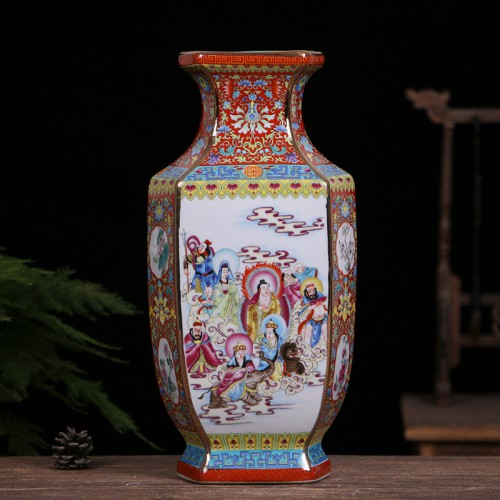 Enamel Figures Hexagonal Vase Imitation Ancient Chinese Porcelain Ornaments