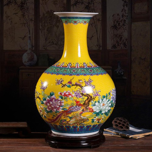 Ceramic Vase, Porcelain with Yellow Bottom, Chinese Decorative Handicraft Ornaments for Home  W36  H55CM